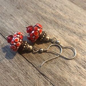 Handmade Red Beaded Dangling Earrings